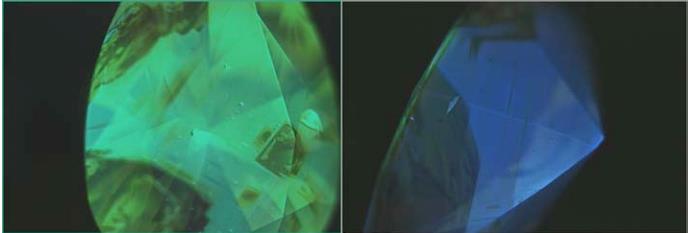 شکل(۵) تصویر فوق توسط دستگاه  diamond view تهیه شده است و فلورسنسی ابی قوی ( BLUE ( STRONGرا در پاویلیون را نشان می دهد که تحت تاثیر اتمهای N3 بوجود می اید و فلورسنسی سبز- زرد قوی (STRONG GREEN-YELLOW ) در CROWN سنگ تحت تاثیر اتمهای H3  بوجود می اید.